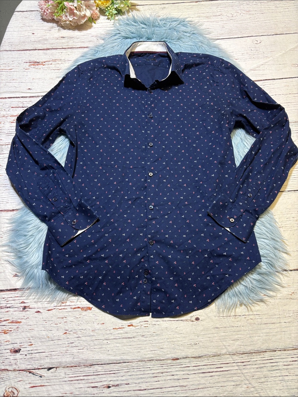 Zara Navy Slim Fit Flower Pattern Button Down Texture Shirt sz XL